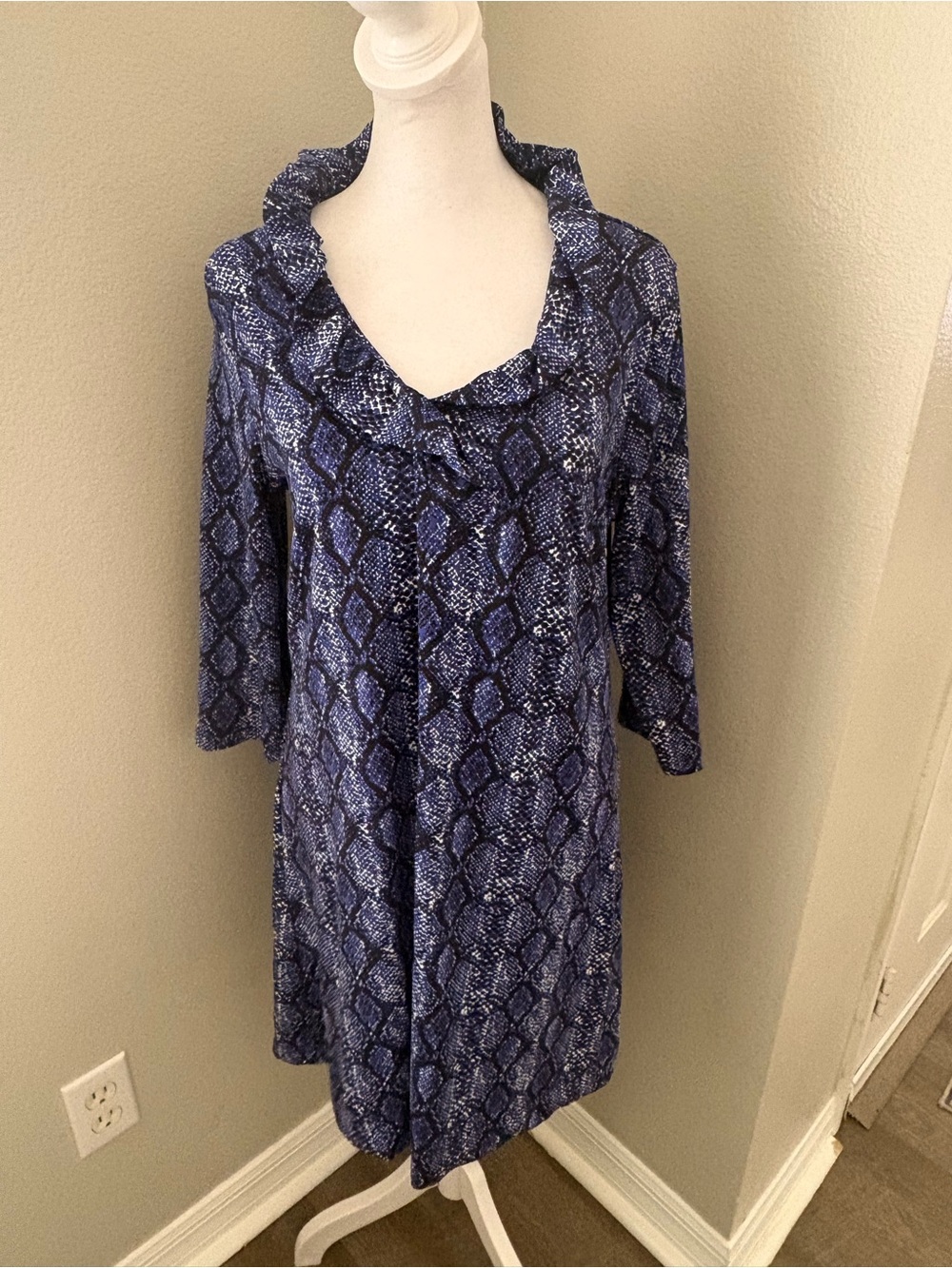 Lulu-B Navy Snake-Print Long Sleeve Cowl Neck Dress